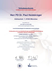 Certificat de participation à la formation de responsable de la protection laser pour le Prof. Dr Heidekrüger